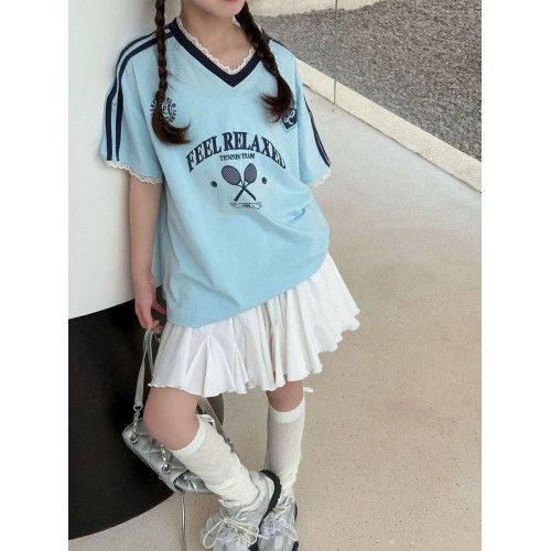 女童短袖T恤兒童上衣夏裝2025新款大童女孩韓範條紋潮流藍色體恤6