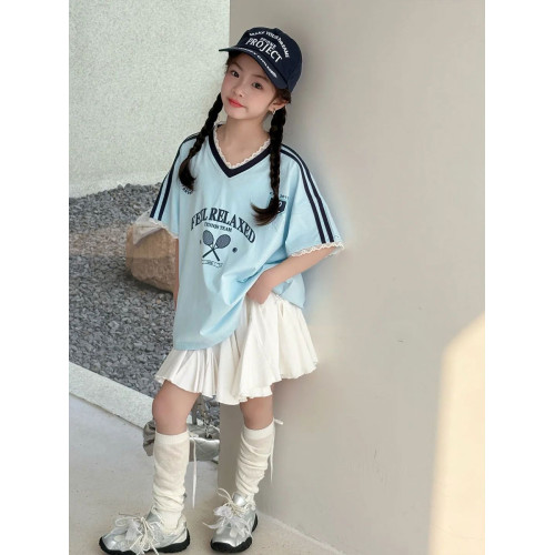女童短袖T恤兒童上衣夏裝2025新款大童女孩韓範條紋潮流藍色體恤6