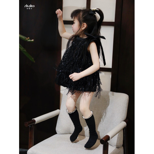 zkako知夏子女童小香風生日小黑裙流蘇連衣裙女寶背心公主裙禮服