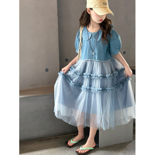 女童短袖連衣裙夏裝2025新款中大童牛仔拼接網紗裙韓版翻領蛋糕裙