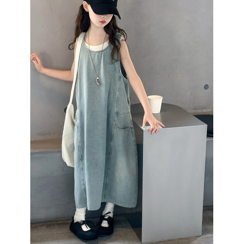 女童牛仔長裙夏季2025新款洋氣兒童無袖裙女孩公主裙女大童連衣裙