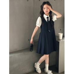 女童學院風連衣裙夏季大兒童舞蹈服百褶裙女孩夏裝韓系假兩件裙子