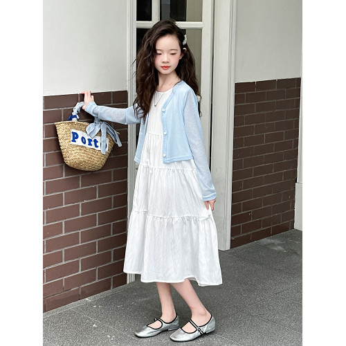 女童夏裝連衣裙2025新款兒童夏季親子防曬開衫女孩白色長裙兩件套