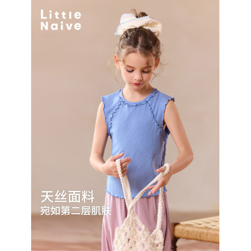 Little Naive兒童彈力背心春夏新款萊賽爾木耳邊上衣女童圓領t恤