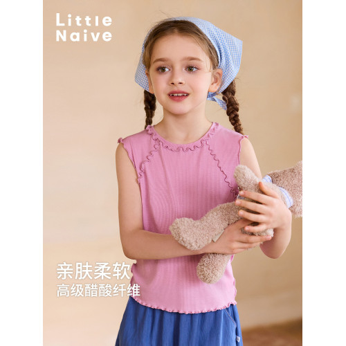 Little Naive兒童彈力背心春夏新款萊賽爾木耳邊上衣女童圓領t恤