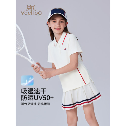 [涼感抑菌]英氏女童POLO衫2025夏裝兒童短袖T恤大童網球運動上衣