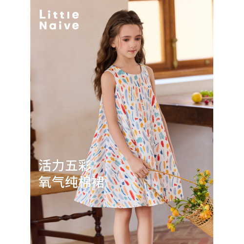 Little Naive兒童碎花無袖連衣裙夏季純棉寬松裙子女童印花背心裙