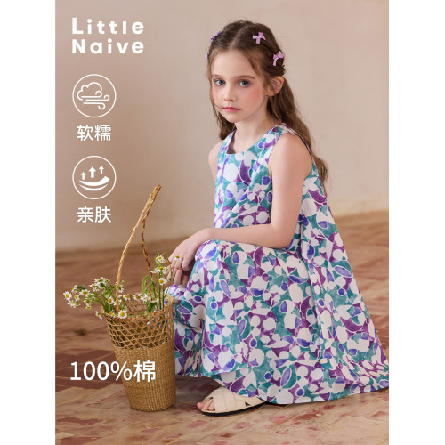 Little Naive兒童碎花無袖連衣裙夏季純棉寬松裙子女童印花背心裙