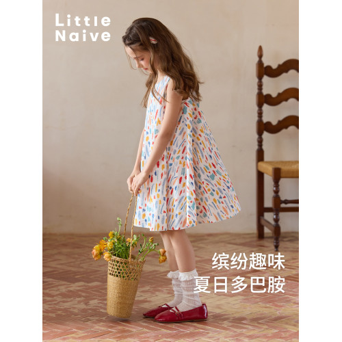 Little Naive兒童碎花無袖連衣裙夏季純棉寬松裙子女童印花背心裙