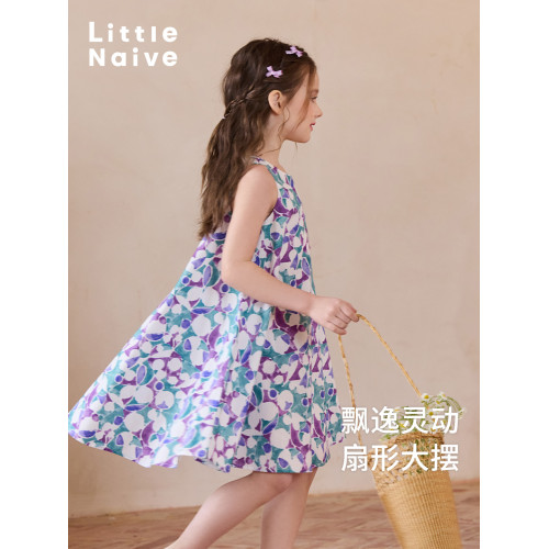 Little Naive兒童碎花無袖連衣裙夏季純棉寬松裙子女童印花背心裙
