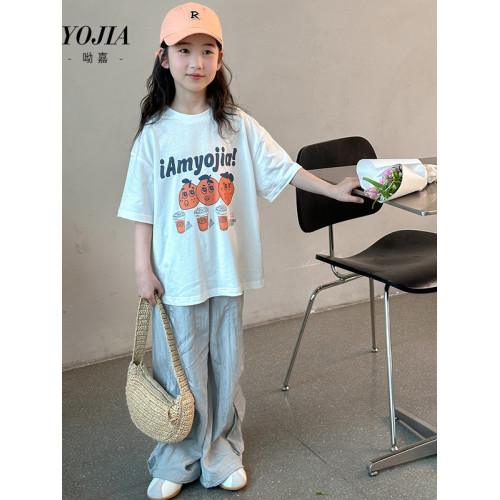 女童短袖T恤純棉2025夏季新款洋氣兒童寬松落肩橙子印花半袖t上衣