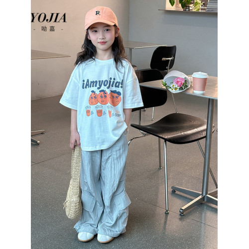 女童短袖T恤純棉2025夏季新款洋氣兒童寬松落肩橙子印花半袖t上衣