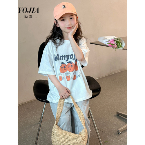 女童短袖T恤純棉2025夏季新款洋氣兒童寬松落肩橙子印花半袖t上衣