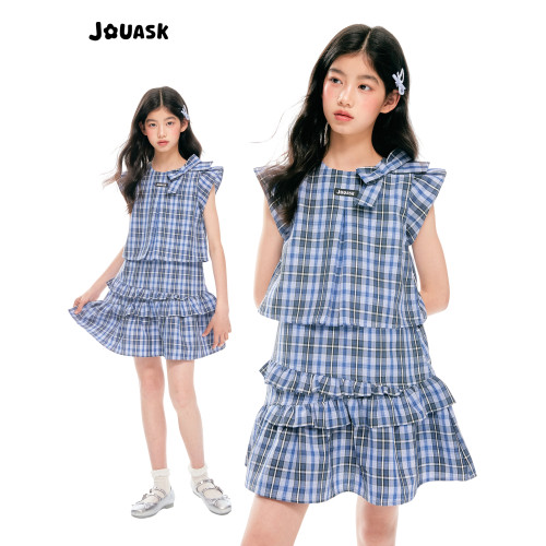 JOUASK童裝格子女童連衣裙夏季2025新款中大童復古休閒洋氣裙子夏