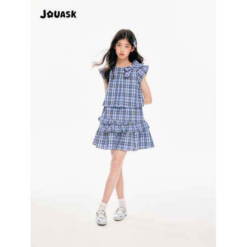 JOUASK童裝格子女童連衣裙夏季2025新款中大童復古休閒洋氣裙子夏
