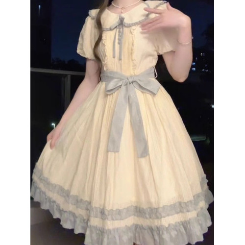 女童韓版花邊蓬蓬裙中大童夏季新款蝴蝶結甜美田園風休閒風連衣裙