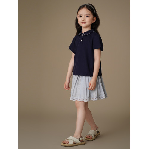 哈齒童裝夏季薄款兒童針織上衣藏青學院風女童短袖T恤女孩Polo衫