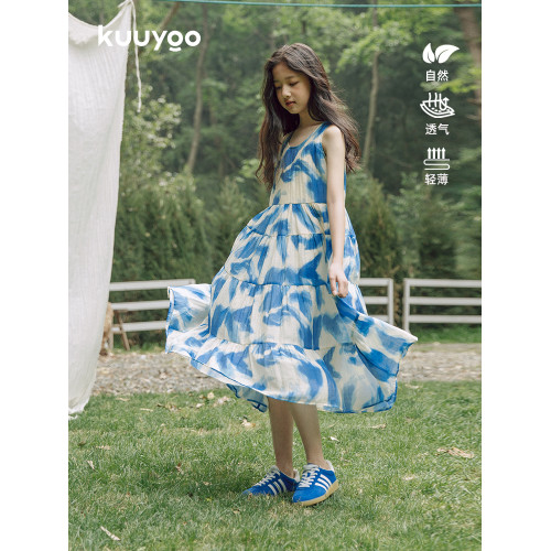 KUUYOO藍色水墨天絲無袖連衣裙中大童輕薄透氣防走光女童a字擺裙