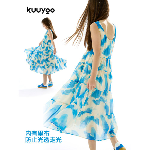 KUUYOO藍色水墨天絲無袖連衣裙中大童輕薄透氣防走光女童a字擺裙