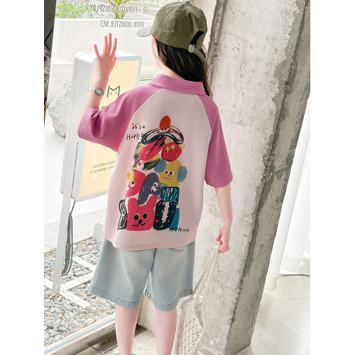 女童短袖T恤夏季polo衫純棉2025新款兒童女孩中大童洋氣上衣半袖