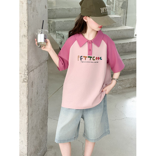 女童短袖T恤夏季polo衫純棉2025新款兒童女孩中大童洋氣上衣半袖