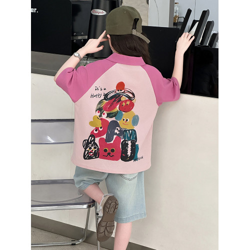 女童短袖T恤夏季polo衫純棉2025新款兒童女孩中大童洋氣上衣半袖