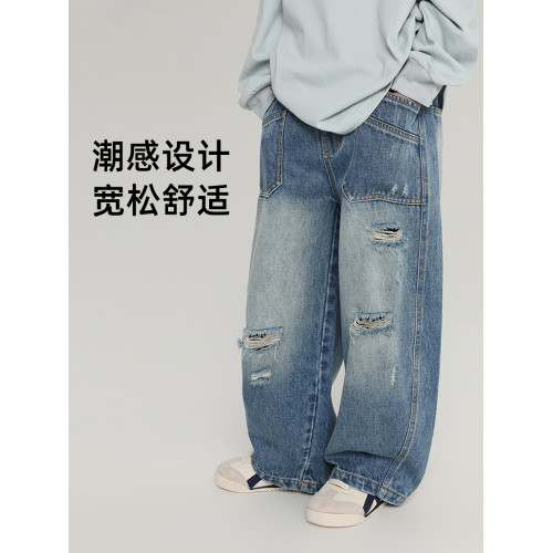 布丁哈魯童裝秋裝女童百搭褲子2025春秋新款兒童設計感破洞牛仔褲