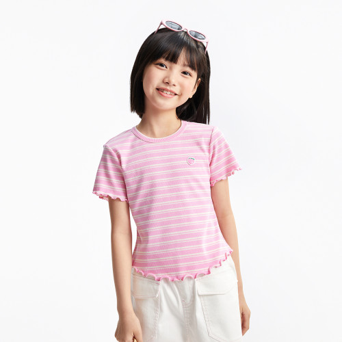 安奈兒女童裝圓領短袖針織衫T恤2025夏新款條紋休閒上衣甜美百搭