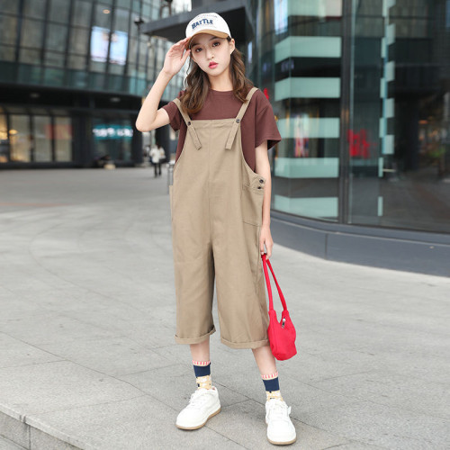 韓國女童吊帶褲夏裝2025新款寬松短袖中大童網紅洋氣背帶褲兩件套