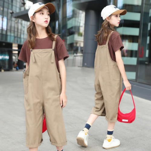 韓國女童吊帶褲夏裝2025新款寬松短袖中大童網紅洋氣背帶褲兩件套