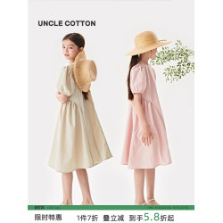 棉叔叔夏季女童連衣裙泡泡袖透氣輕薄空氣皺感肌理少女新款長裙子