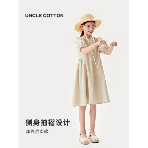 棉叔叔夏季女童連衣裙泡泡袖透氣輕薄空氣皺感肌理少女新款長裙子