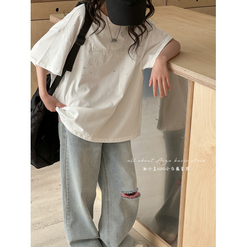 燙鑽女童短袖T恤2025夏裝新款兒童洋氣休閒上衣大童純棉打底衫潮t