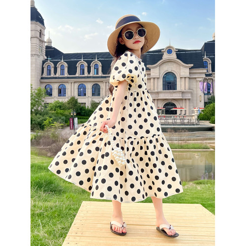 女童夏裝連衣裙2025新款中大童純棉圓點沙灘長裙泡泡袖公主裙親子