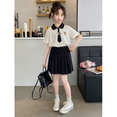 女童夏裝連衣裙2025新款洋氣女孩夏季Polo衫兒童學院風百褶裙套裝