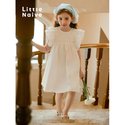 LittleNaive女童連衣裙夏季新款白色法式連衣裙兒童純棉寬松裙子