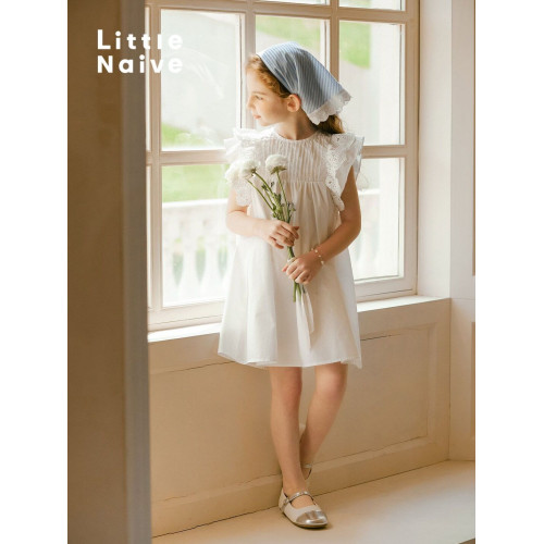LittleNaive女童連衣裙夏季新款白色法式連衣裙兒童純棉寬松裙子
