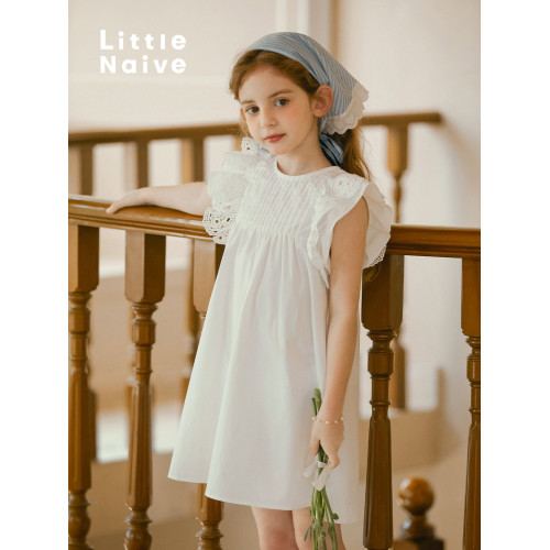 LittleNaive女童連衣裙夏季新款白色法式連衣裙兒童純棉寬松裙子