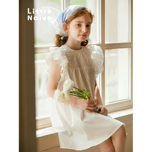 LittleNaive女童連衣裙夏季新款白色法式連衣裙兒童純棉寬松裙子