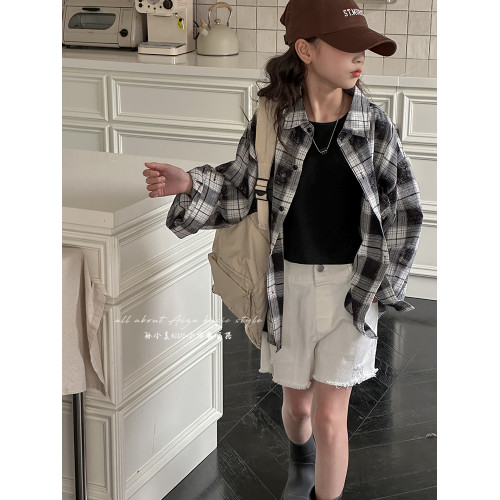 韓國女童黑白格子襯衫2025秋裝韓新款兒童外套女大童春秋洋氣上衣