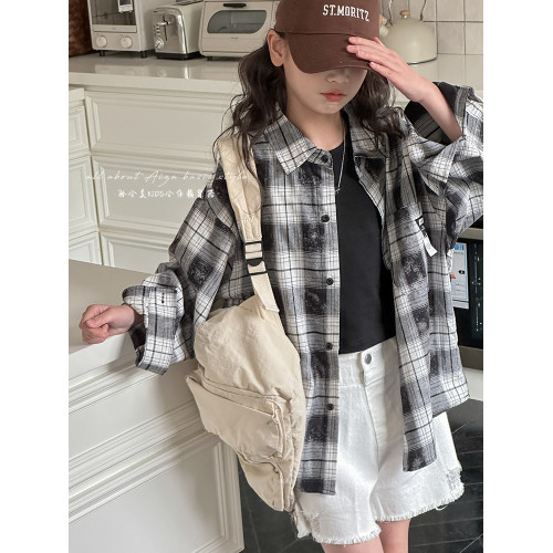 韓國女童黑白格子襯衫2025秋裝韓新款兒童外套女大童春秋洋氣上衣