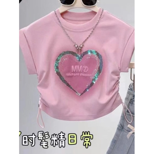 女童重工亮片愛心短袖夏裝2025新款7多巴胺小女孩設計感側抽繩T恤