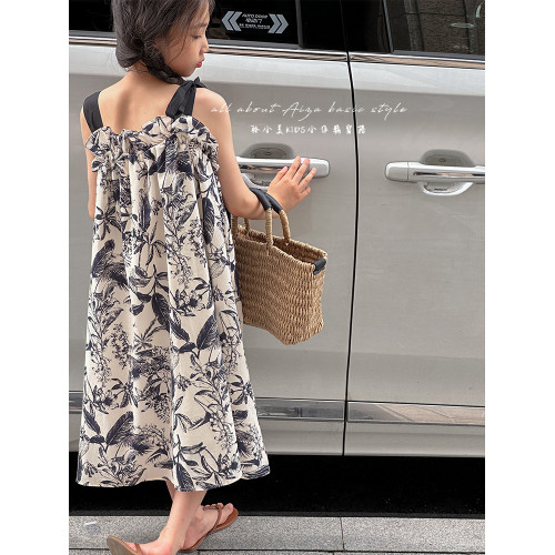 韓國童裝女童水墨畫吊帶裙兒童夏裝連衣裙2025新款無袖背心裙子薄