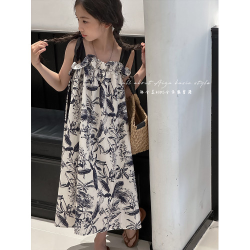 韓國童裝女童水墨畫吊帶裙兒童夏裝連衣裙2025新款無袖背心裙子薄