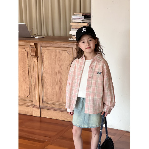 兒童洋氣粉色格子襯衫春秋裝新款中大童上衣女童春裝韓版休閒外套