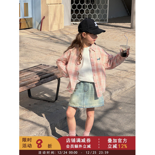 兒童洋氣粉色格子襯衫春秋裝新款中大童上衣女童春裝韓版休閒外套