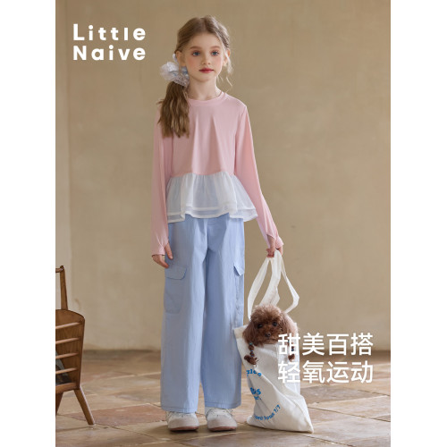 LittleNaive女童薄款長袖甜美T恤春季新款兒童拼接打底衫速乾上衣