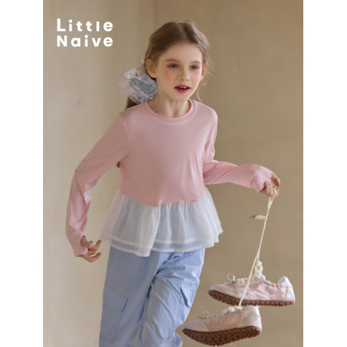 LittleNaive女童薄款長袖甜美T恤春季新款兒童拼接打底衫速乾上衣