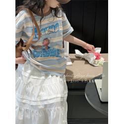 孫小美kids 復古美式條紋女童短袖T恤兒童夏裝上衣2025新款韓系潮