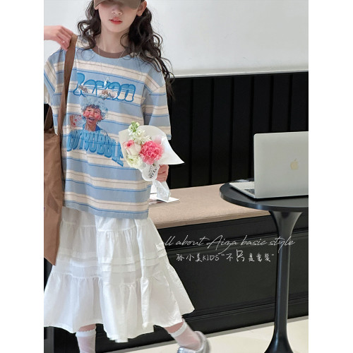 孫小美kids 復古美式條紋女童短袖T恤兒童夏裝上衣2025新款韓系潮